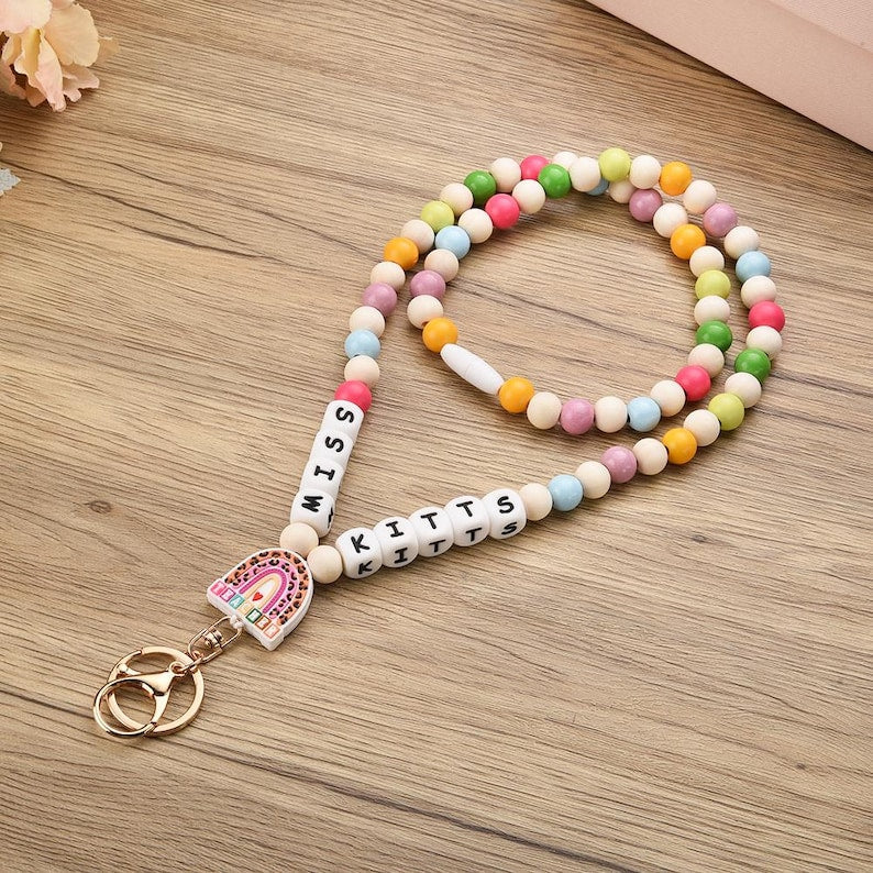 Personalized Teacher ID Lanyard,Custom Rainbow Teacher Lanyard Beaded