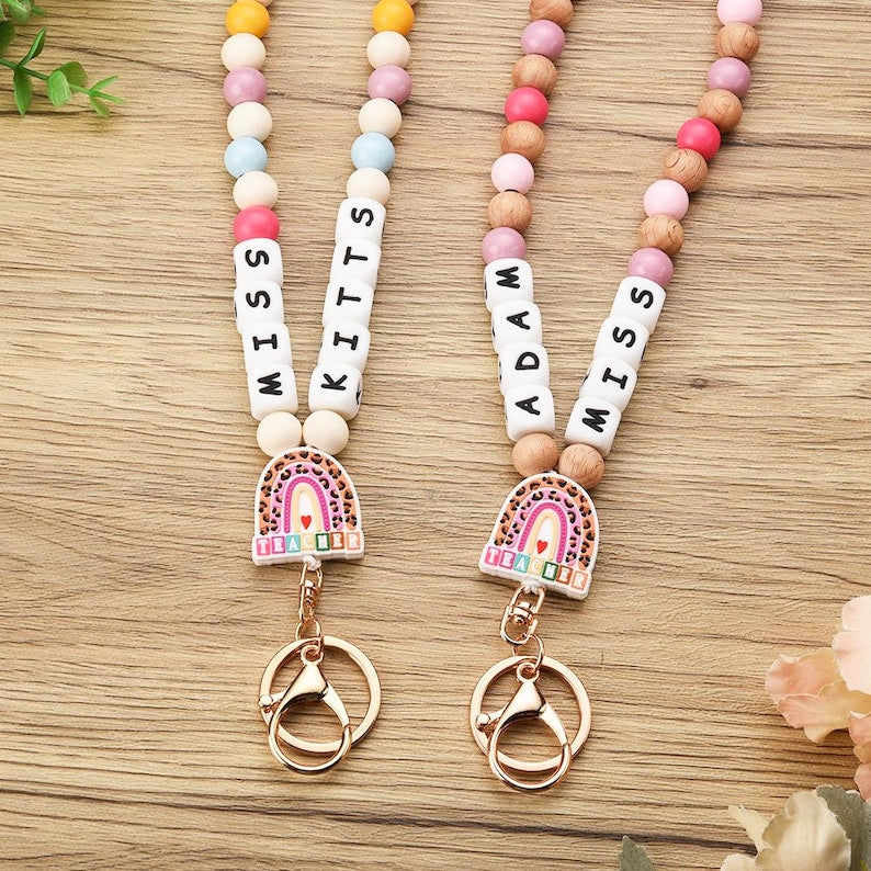 Personalized Teacher ID Lanyard,Custom Rainbow Teacher Lanyard Beaded