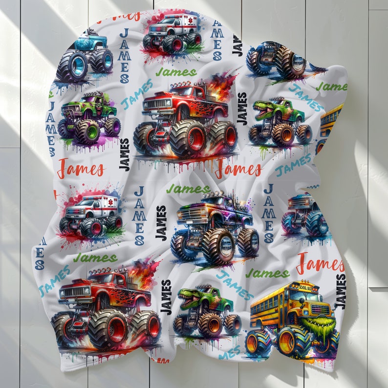 Personalized Monster Truck Blanket, Custom Boys' Name Throw
