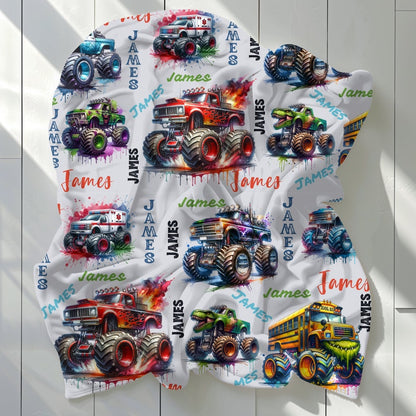 Personalized Monster Truck Blanket, Custom Boys' Name Throw