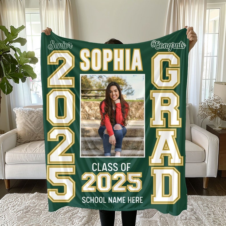 Personalized Photo & School Logo Class of 2026 Blanket Graduation Gift