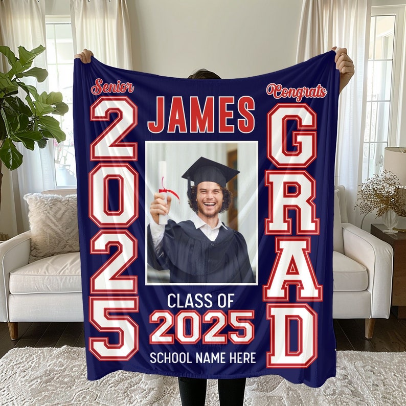 Personalized Photo & School Logo Class of 2026 Blanket Graduation Gift