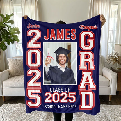 Personalized Photo & School Logo Class of 2026 Blanket Graduation Gift