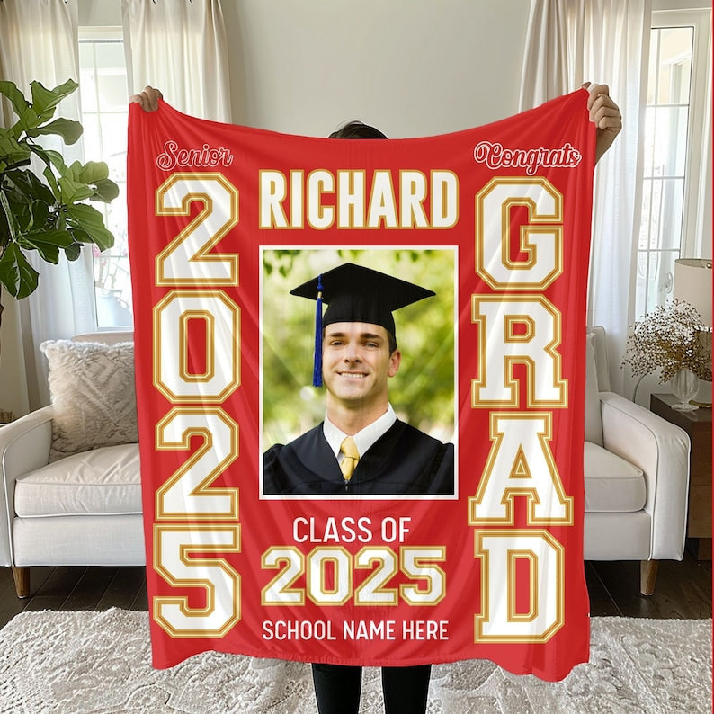 Personalized Photo & School Logo Class of 2026 Blanket Graduation Gift