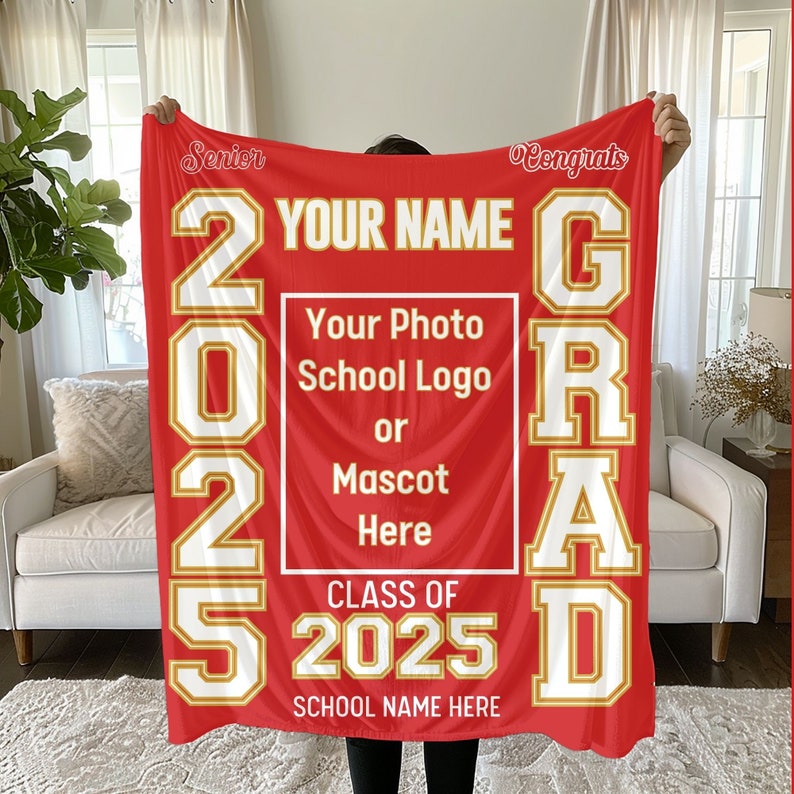 Personalized Photo & School Logo Class of 2026 Blanket Graduation Gift