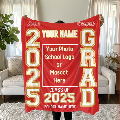 Personalized Photo & School Logo Class of 2026 Blanket Graduation Gift