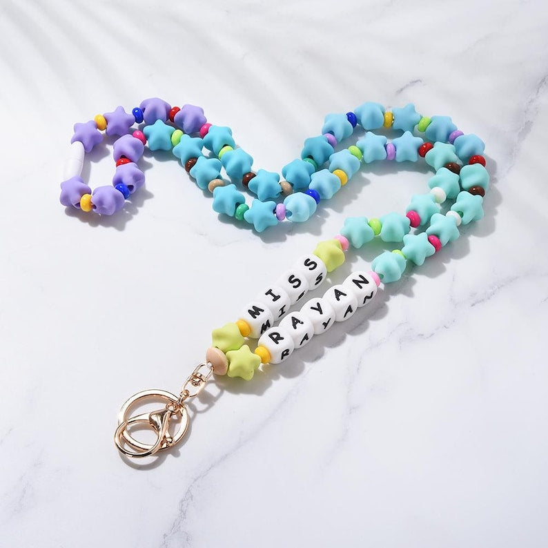 Personalized Teacher Lanyard,Custom Star Beaded Teacher Lanyard Teacher Gift Idea