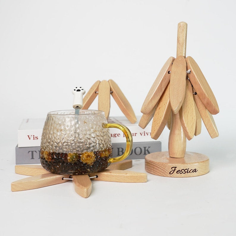 Personalized 4pcs wooden Tree Trivet Set