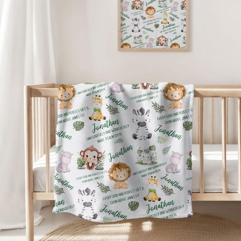 Bible Verse Baby Blanket, Personalized Safari Baby blanket with name