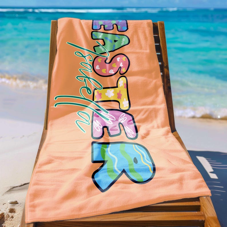 Personalized Easter Beach Towel, Easter Gifts,Custom Name Easter Party Beach Towel