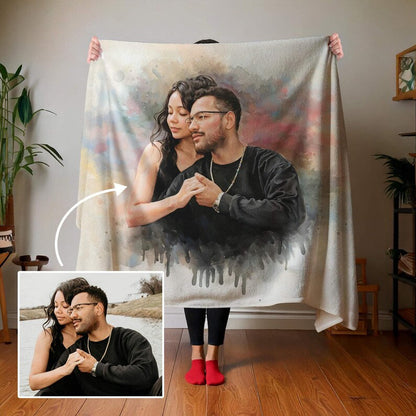 Custom Couple Watercolor Portrait Blanket, Photo To Painting