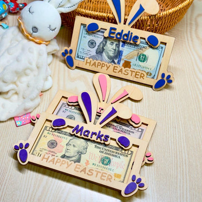 Personalized Easter Bunny Money Holder: Engraved Wooden Gift Tag