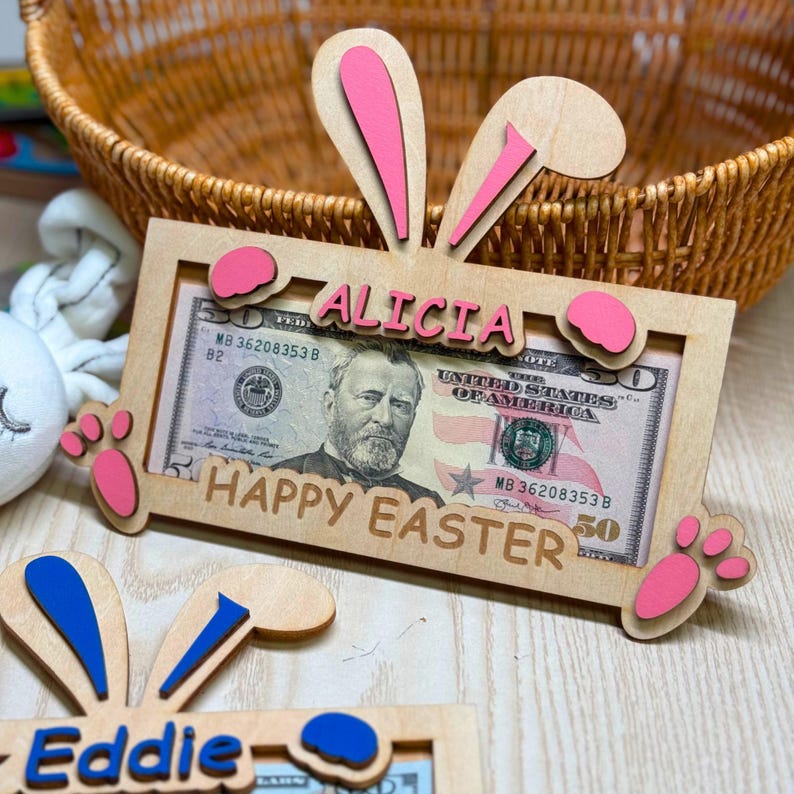 Personalized Easter Bunny Money Holder: Engraved Wooden Gift Tag