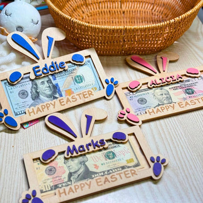 Personalized Easter Bunny Money Holder: Engraved Wooden Gift Tag