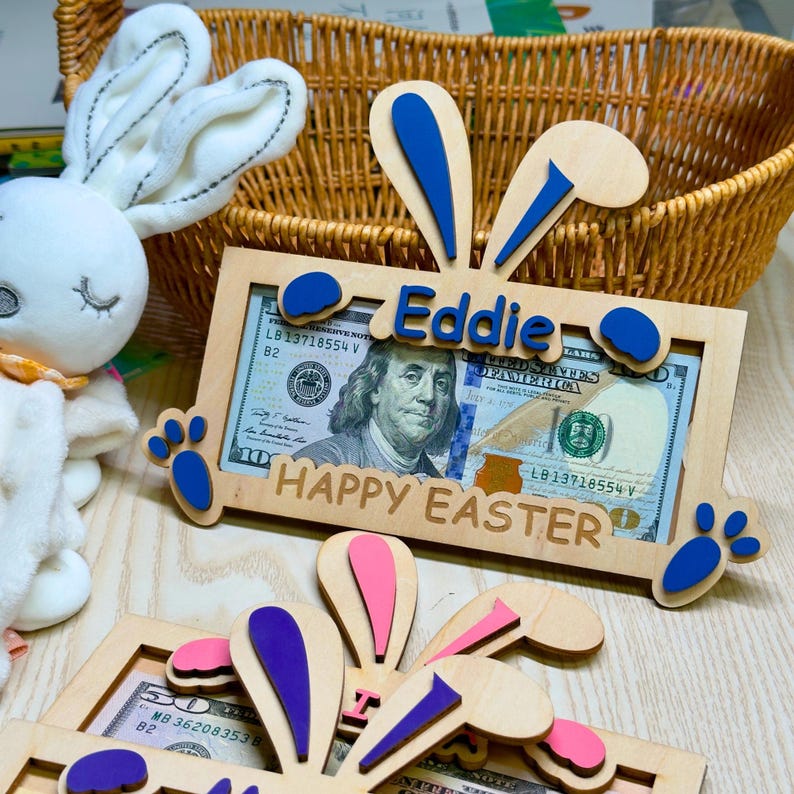 Personalized Easter Bunny Money Holder: Engraved Wooden Gift Tag
