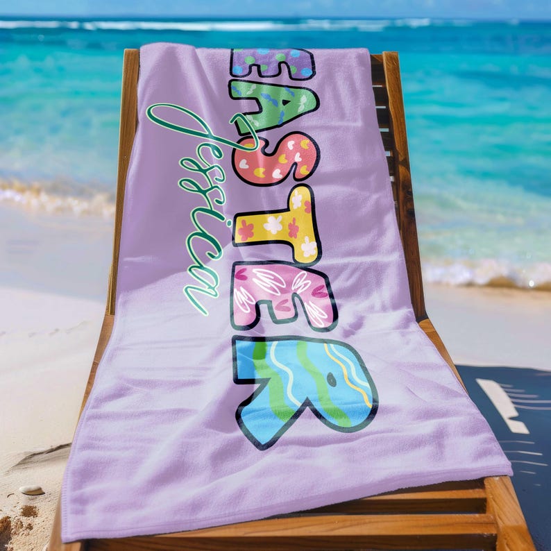 Personalized Easter Beach Towel, Easter Gifts,Custom Name Easter Party Beach Towel