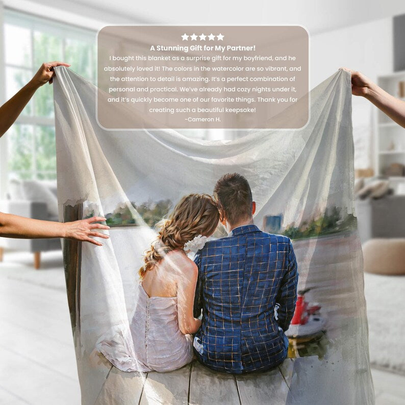 Custom Couple Watercolor Portrait Blanket, Photo To Painting