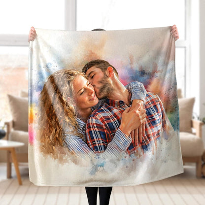 Custom Couple Watercolor Portrait Blanket, Photo To Painting