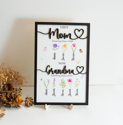 Grandma's Gift Personalized Flower Birth Month Garden Wooden Sign Frame