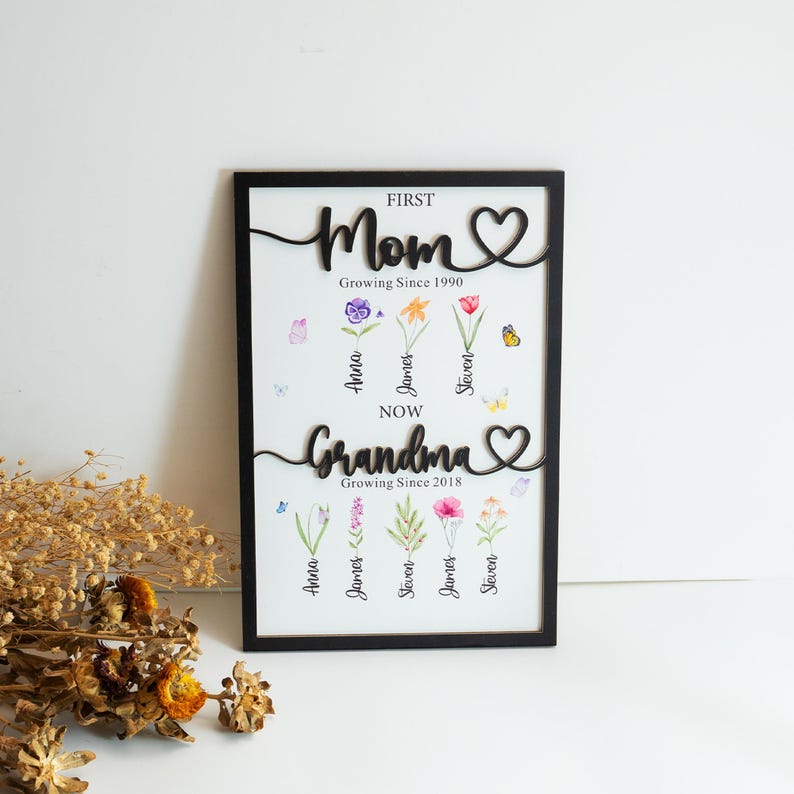 Grandma's Gift Personalized Flower Birth Month Garden Wooden Sign Frame
