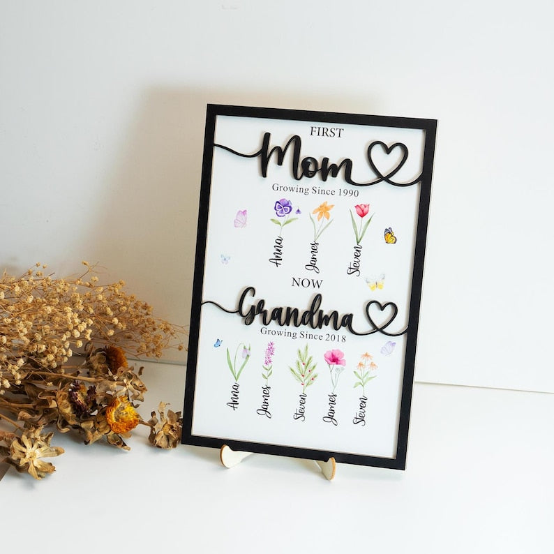 Grandma's Gift Personalized Flower Birth Month Garden Wooden Sign Frame