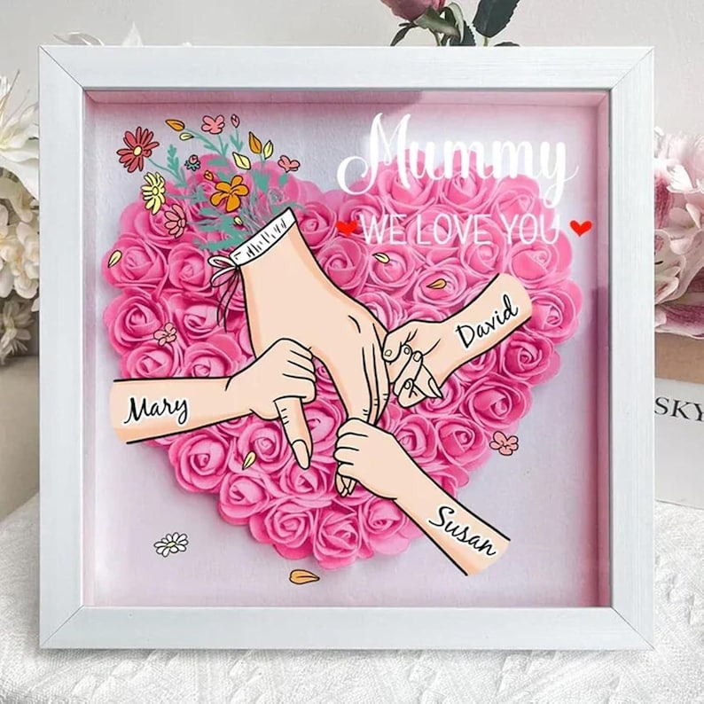 Personalized Mom Flower Shadow Box, Mother's Day Gift, Custom Roses Shadow Box