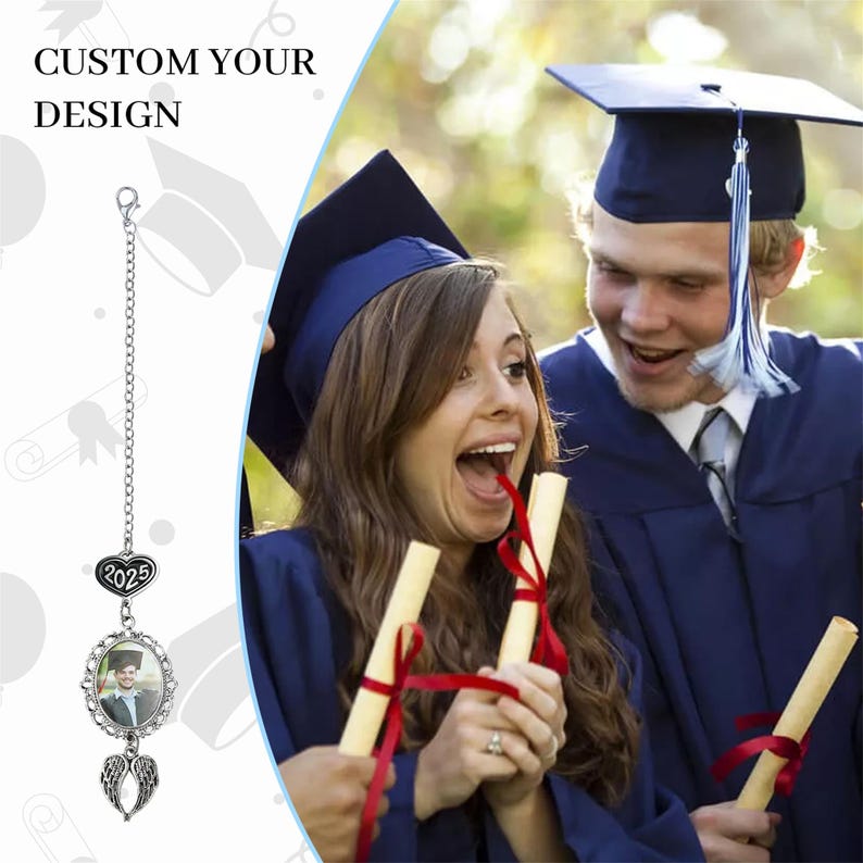 Graduation Tassel Charm with Angel Wings, Custom Graduation Cap Photo Charm