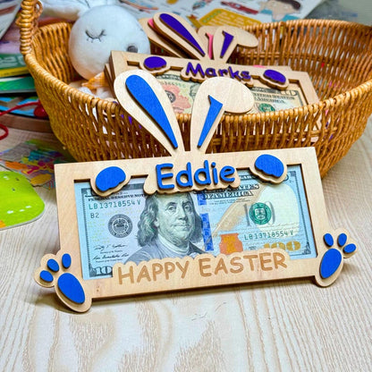 Personalized Easter Bunny Money Holder: Engraved Wooden Gift Tag
