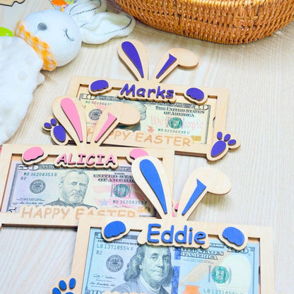 Personalized Easter Bunny Money Holder: Engraved Wooden Gift Tag