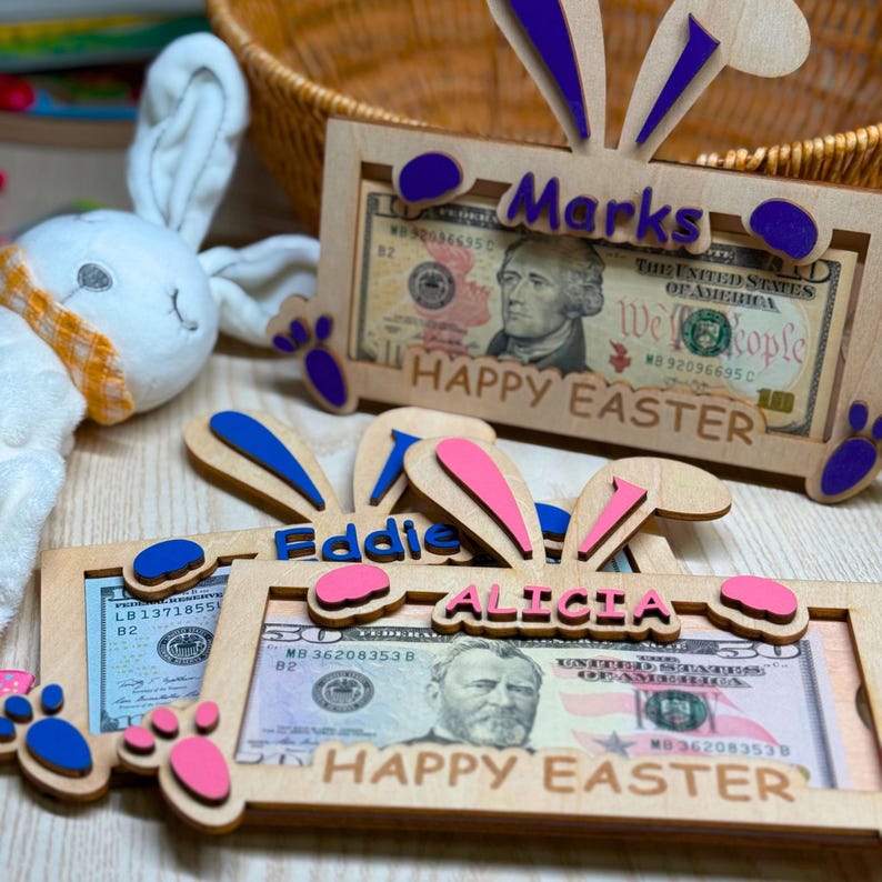 Personalized Easter Bunny Money Holder: Engraved Wooden Gift Tag