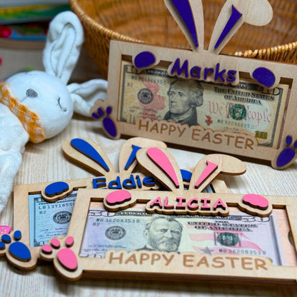 Personalized Easter Bunny Money Holder: Engraved Wooden Gift Tag