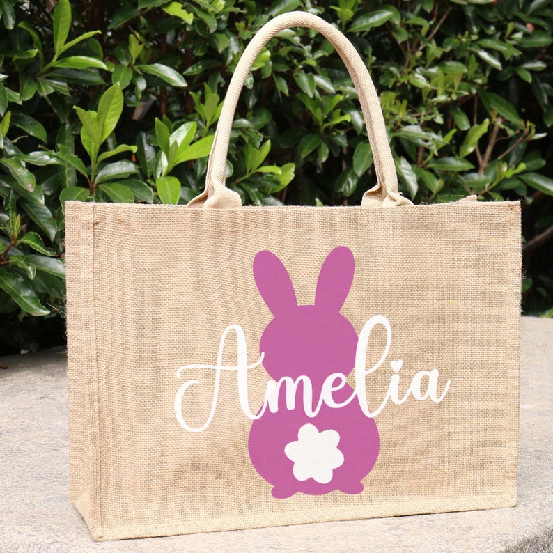 Personalized Easter Jute Tote Bag with Bunny or Truck Design