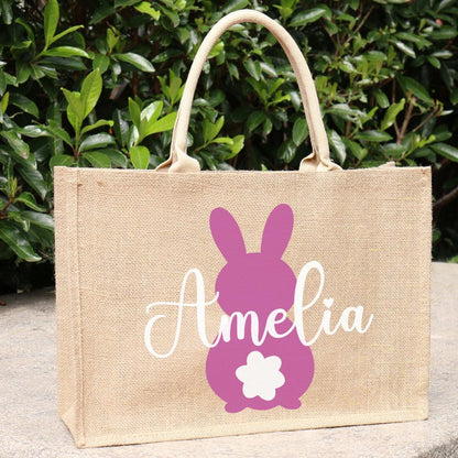 Personalized Easter Jute Tote Bag with Bunny or Truck Design