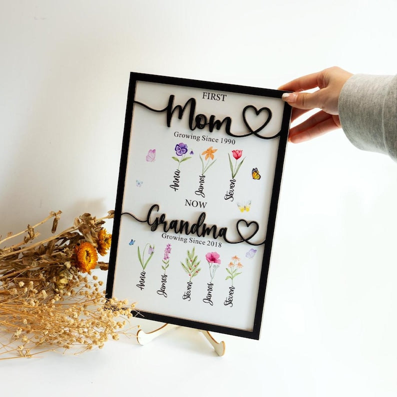Grandma's Gift Personalized Flower Birth Month Garden Wooden Sign Frame