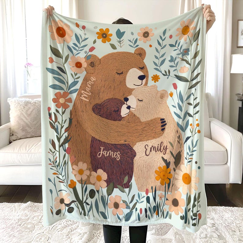 Personalized Mama Bear Flower Blanket, Custom Mother's Day Gift for Mom Grandma