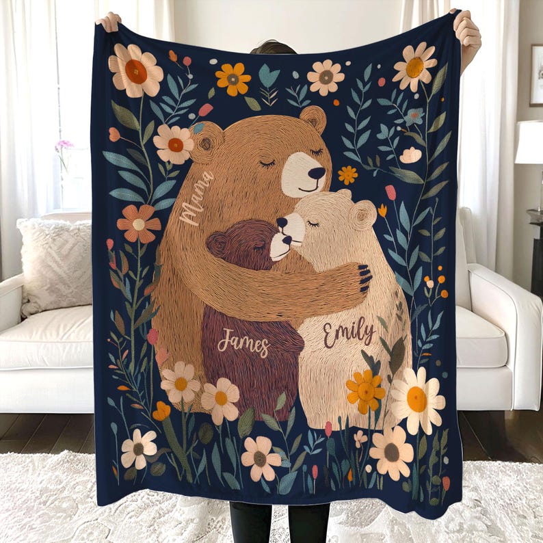 Personalized Mama Bear Flower Blanket, Custom Mother's Day Gift for Mom Grandma