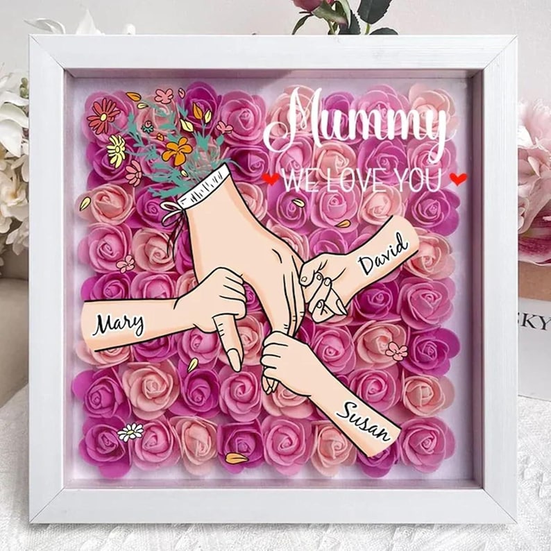 Personalized Mom Flower Shadow Box, Mother's Day Gift, Custom Roses Shadow Box