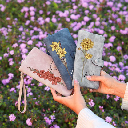 Personalized Birth Flower Leather Wallet For Women Gift for Mom Custom Birth Flower Wallet