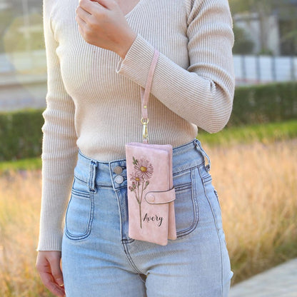 Personalized Birth Flower Leather Wallet For Women Gift for Mom Custom Birth Flower Wallet