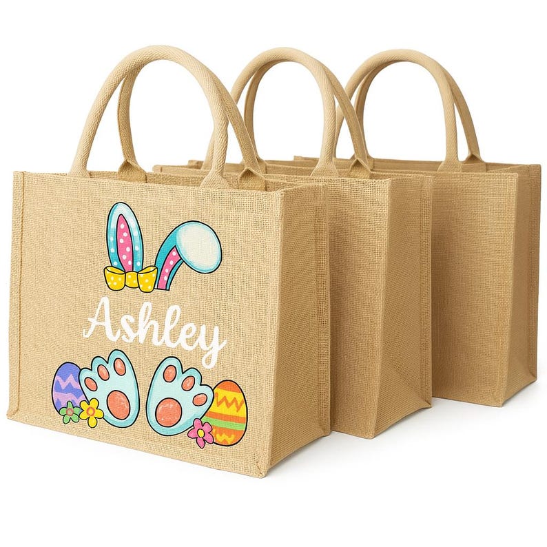 Personalized Easter Jute Tote Bag with Bunny or Truck Design