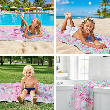 Girls Personalized Bow Floral Beach Towel, Preppy Girls Pool Towel with Name