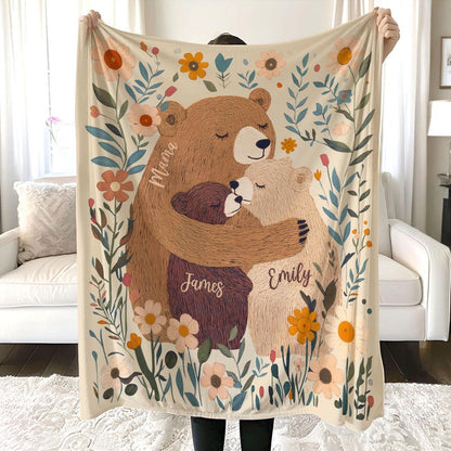 Personalized Mama Bear Flower Blanket, Custom Mother's Day Gift for Mom Grandma