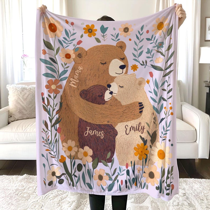 Personalized Mama Bear Flower Blanket, Custom Mother's Day Gift for Mom Grandma