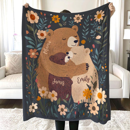 Personalized Mama Bear Flower Blanket, Custom Mother's Day Gift for Mom Grandma