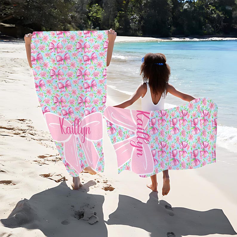 Girls Personalized Bow Floral Beach Towel, Preppy Girls Pool Towel with Name