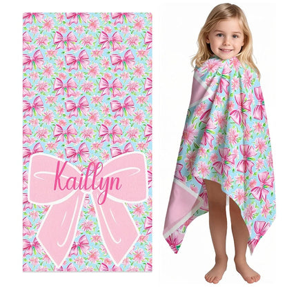 Girls Personalized Bow Floral Beach Towel, Preppy Girls Pool Towel with Name