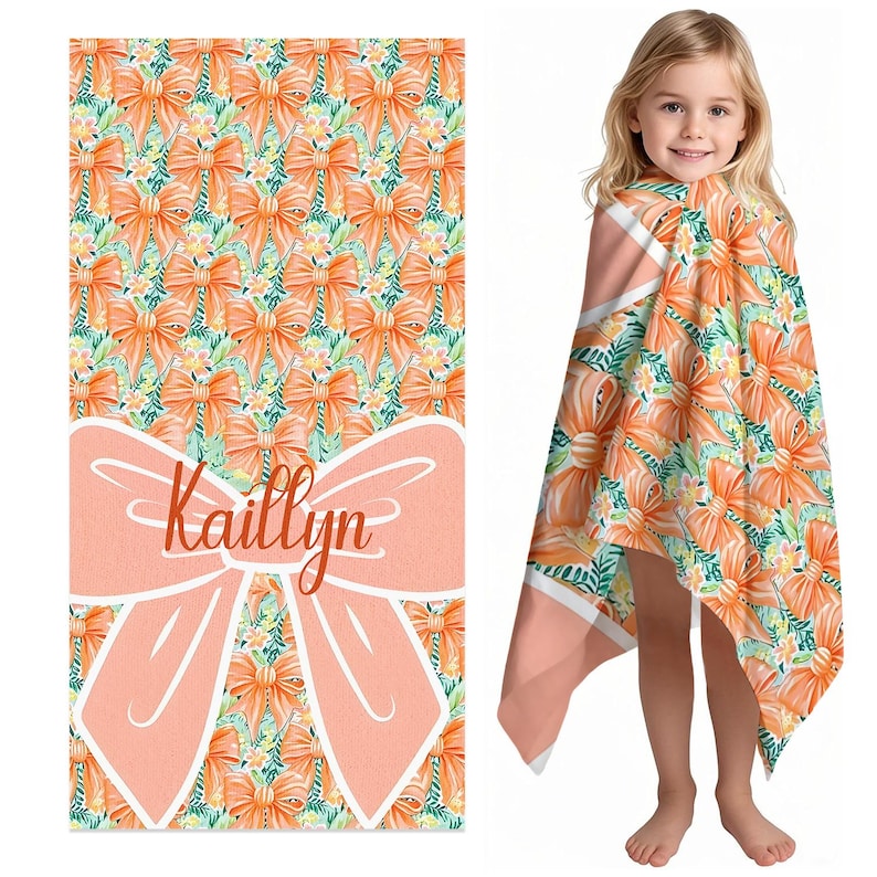 Girls Personalized Bow Floral Beach Towel, Preppy Girls Pool Towel with Name