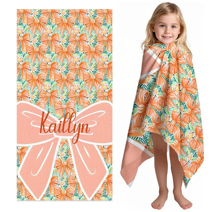 Girls Personalized Bow Floral Beach Towel, Preppy Girls Pool Towel with Name