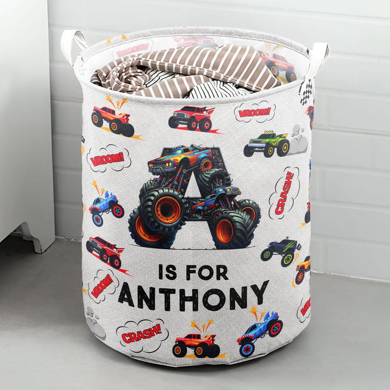 Monster Truck Alphabet, Personalized Laundry Storage Basket