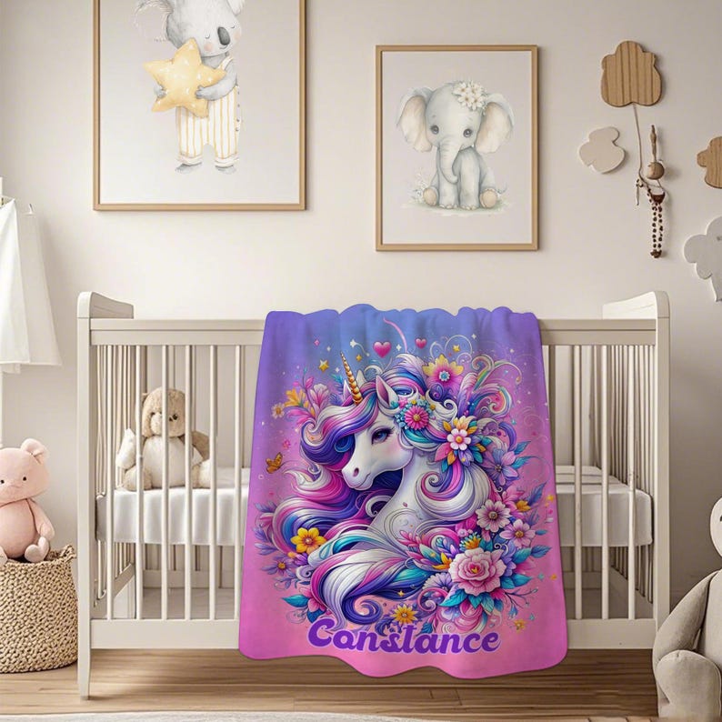 Personalized Purple Unicorn Blanket , Custom Name Kids Throw
